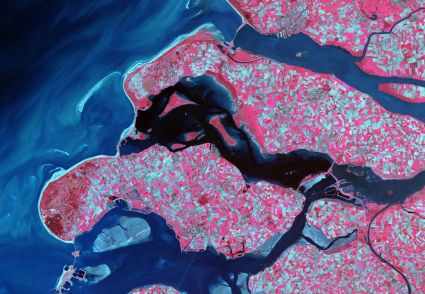 False-color satellite image showing a coastal region with agricultural fields in red and blue hues, illustrating land use and environmental change—used in the Milken Institute's report on strategic climate and environmental philanthropy.